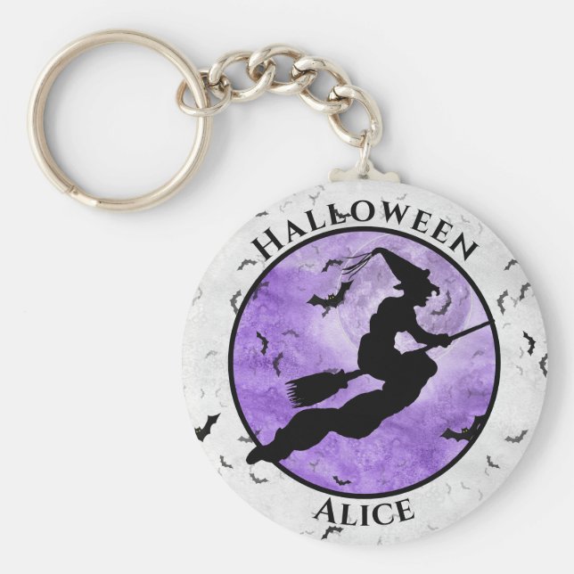 Halloween Flying Black Witch Silhouette Purple Keychain (Front)