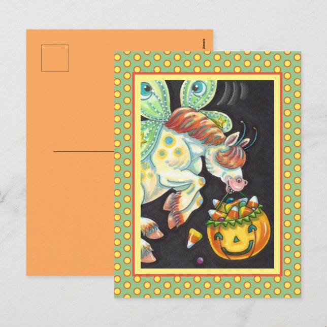 HALLOWEEN FLYING HORSE CANDY CORN HOLIDAY POSTCARD (Front/Back)