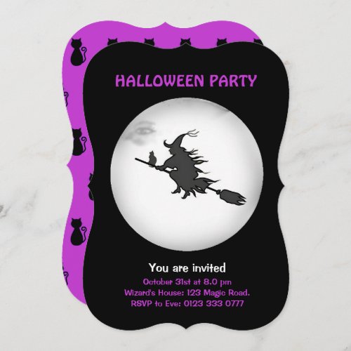 Halloween Flying Witch  Black Cat Invitation