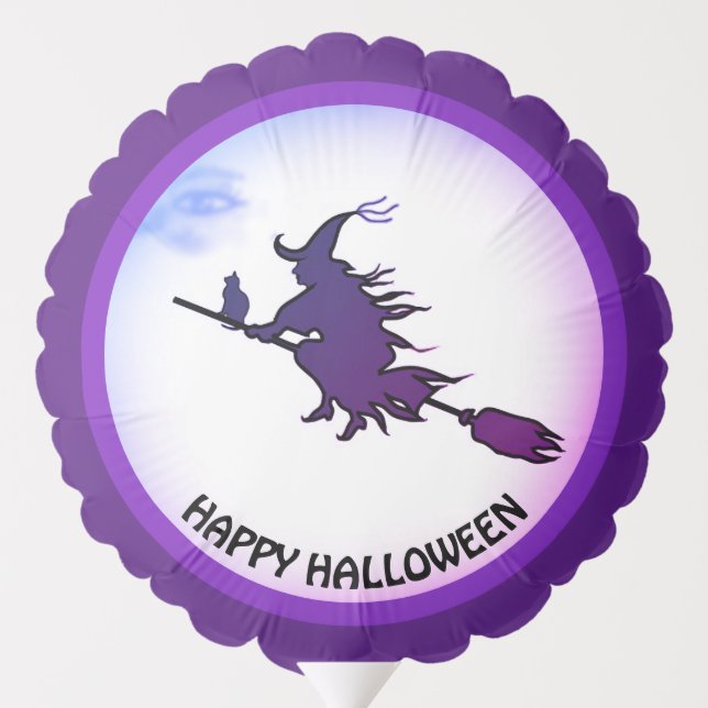 Halloween flying witch & black cat on royal purple balloon (Back)