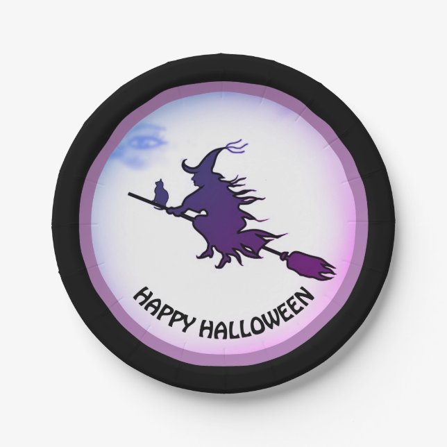 Halloween flying witch & black cat paper plates (Front)