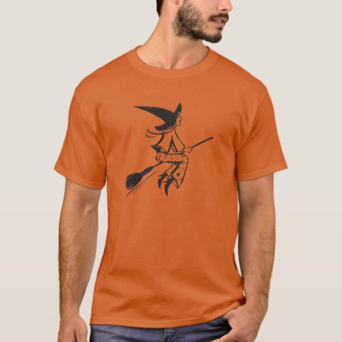 Halloween Flying Witch Black Line Drawing T_Shirt