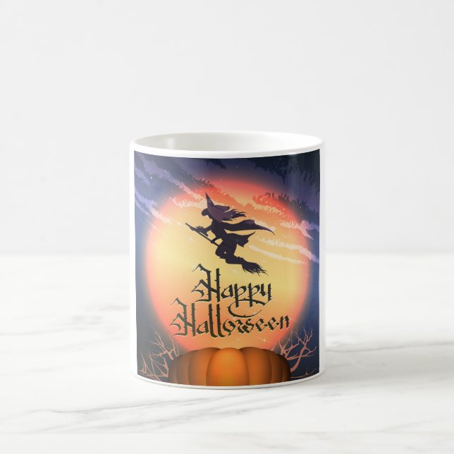 Halloween Flying Witch Broom Pumpkin Coffee Mug (Center)