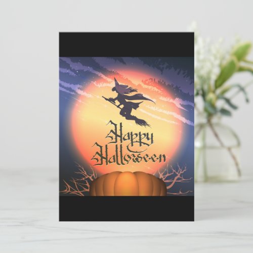 Halloween Flying Witch Broom Pumpkin Invitation