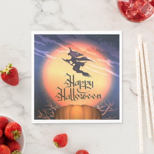 Halloween Flying Witch Broom Pumpkin Napkins