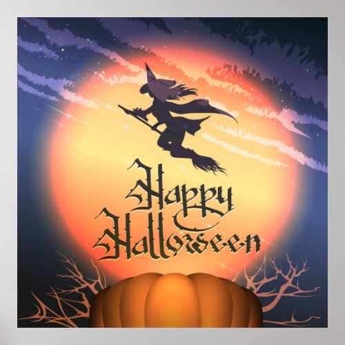 Halloween Flying Witch Broom Pumpkin Poster