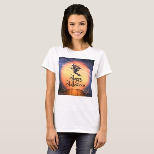 Halloween Flying Witch Broom Pumpkin T_Shirt