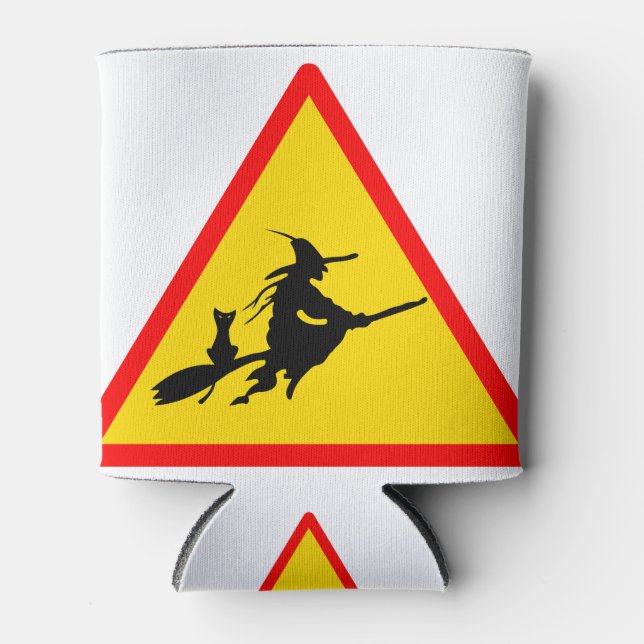 Halloween Flying Witch On Broom Sign Can Cooler (Front)