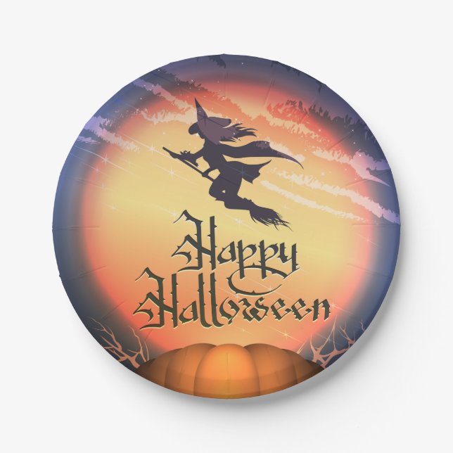 Halloween Flying Witch Paper Plates (Front)