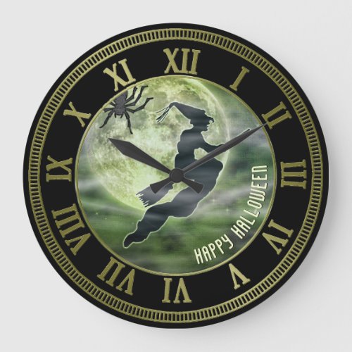 Halloween Flying Witch Silhouette Green Full Moon Large Clock