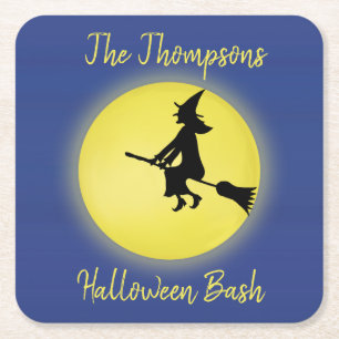 Halloween Flying Witch Silhouette in the Moonlight Square Paper Coaster