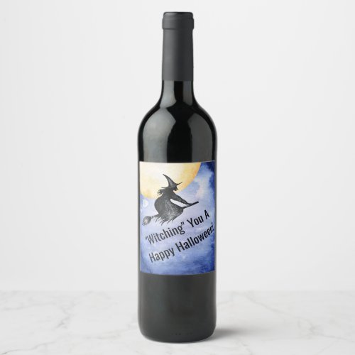 Halloween Flying Witch Watercolor Wine Label