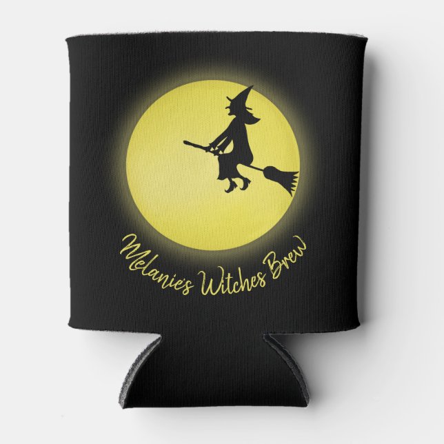 Halloween Flying Witch Whimsical Full Moon Can Cooler (Front)