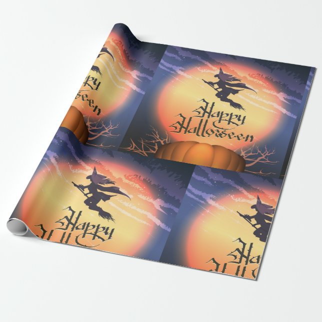 Halloween Flying Witch Wrapping Paper (Unrolled)