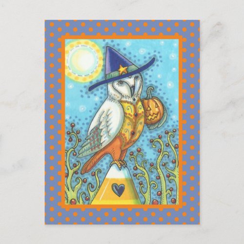 HALLOWEEN FOLK ART BARN OWL  CANDY CORN POSTCARD