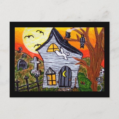 Halloween Folk Art Haunted House Scene Postcard