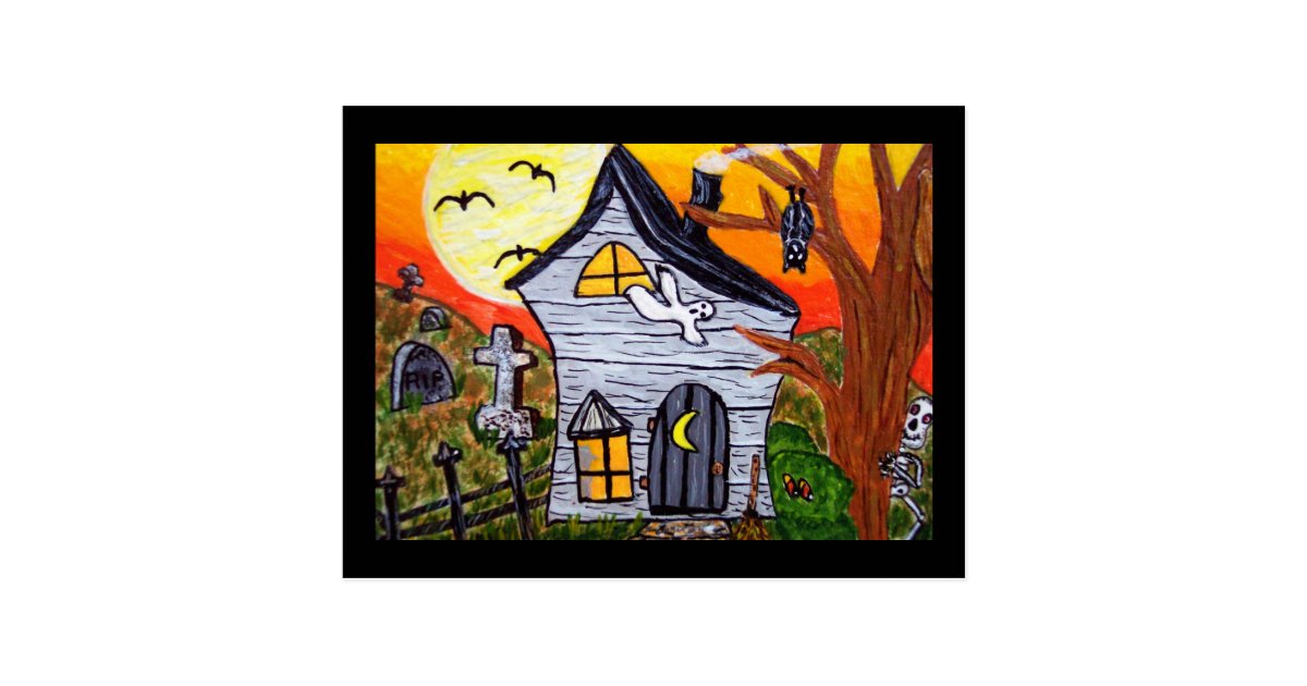 Halloween Folk Art Haunted House Scene Postcard Zazzle Com