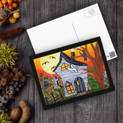 Halloween Folk Art Haunted House Scene Postcard