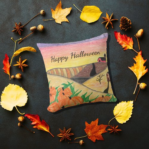 Halloween Folk Art Pumpkins Harvest Autumn Throw Pillow