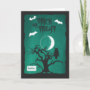Halloween for Brother Owl Crooked Tree Moon & Bats Card