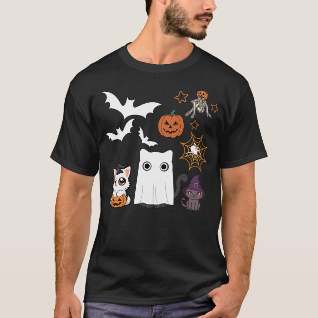 halloween for Cat Cute Kitten Skeleton Ghost Funny T-Shirt (Front)