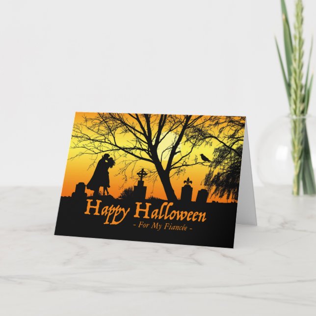 Halloween for Fiancée, Couple Kissing in Cemetery Card (Front)