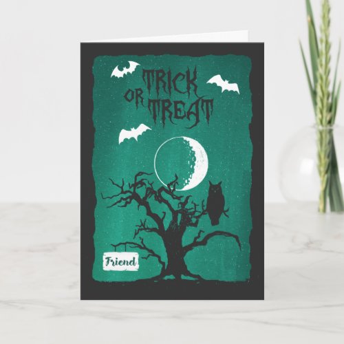 Halloween for Friend Owl Crooked Tree Moon  Bats Card