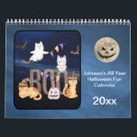 Halloween for fun All Year personalize Calendar<br><div class="desc">Enjoy the fun and excitement of Halloween all year long. Add your name to the title text on front. Artistic images each month are delightful and sometimes downright spooky. Most months contain a humorous Halloween quote (editable with the template if you want to change it). The back also has a...</div>