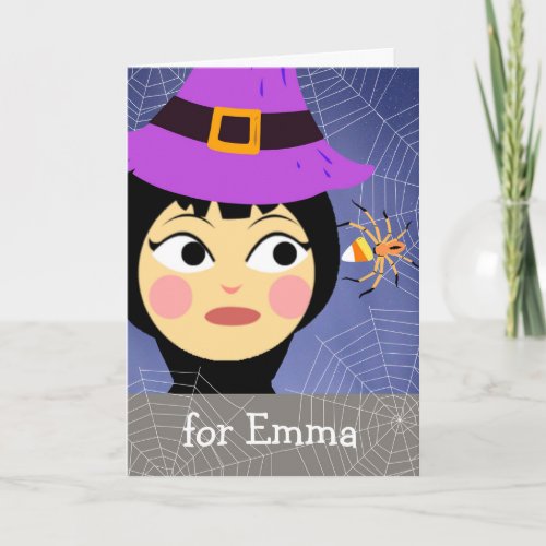 Halloween for Granddaughter Cute Witch and Spider Card