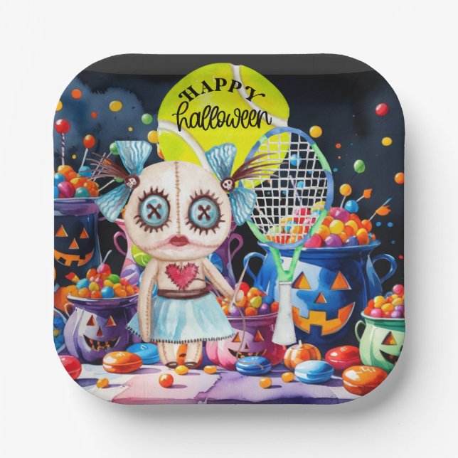 Halloween for Tennis Player with racket  Paper Plates (Front)