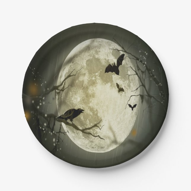 Halloween Forest, Bats, Landscape Paper Plates (Front)