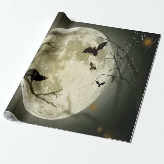 Halloween Forest, Bats, Landscape Wrapping Paper (Unrolled)