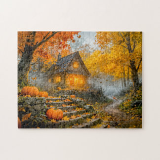 Halloween Forest Cottage with Pumpkins, Stone Path Jigsaw Puzzle