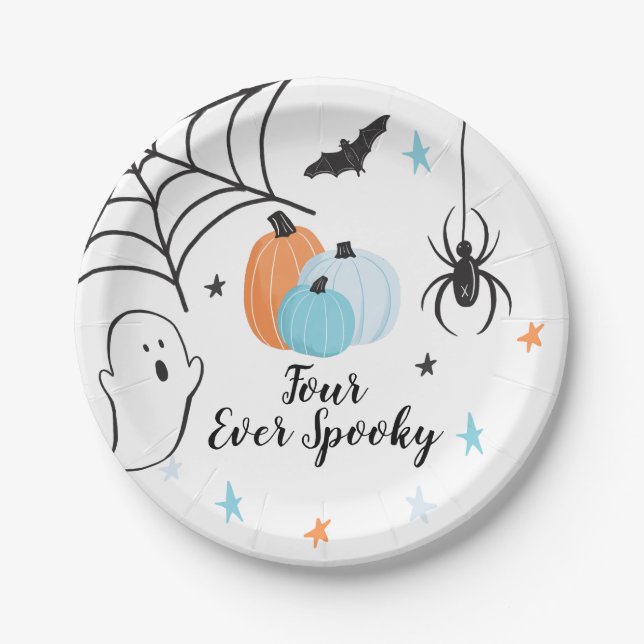 Halloween Four Ever Spooky Birthday Blue Pumpkins Paper Plates (Front)