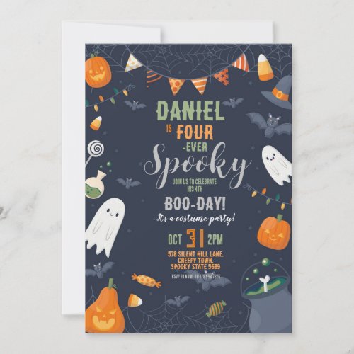 Halloween FOURever 4th Birthday Bats Party Ghosts Invitation