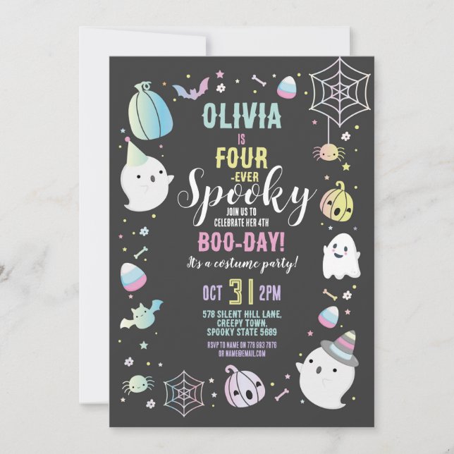 Halloween FOURever 4th Birthday Girls Party Ghosts Invitation (Front)