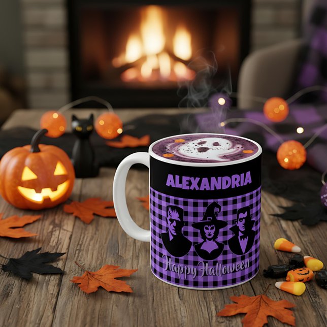 Halloween Frankenstein Witch Vampire Purple Plaid Coffee Mug (Creator Uploaded)