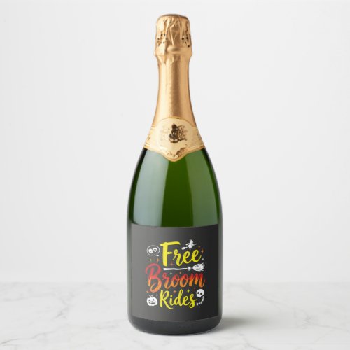 Halloween Free Broom Rides Witch Graphic Sparkling Wine Label