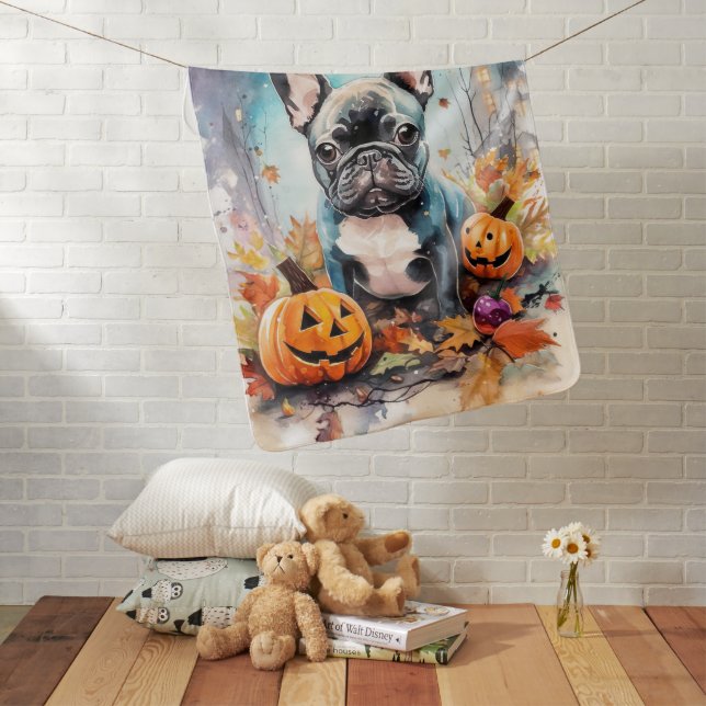 Halloween French Bulldog With Pumpkins Scary Baby Blanket (In Situ)