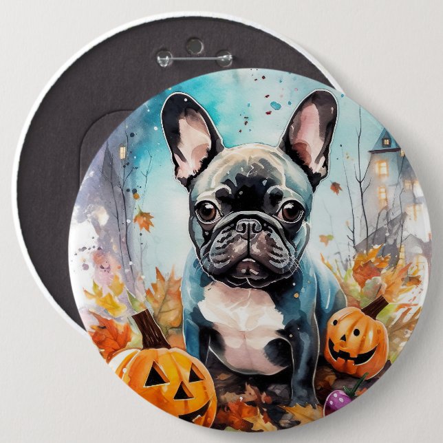 Halloween French Bulldog With Pumpkins Scary Button (Front & Back)