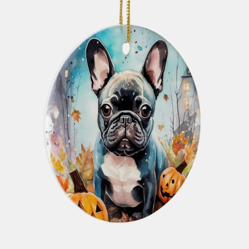 Halloween French Bulldog With Pumpkins Scary Ceramic Ornament