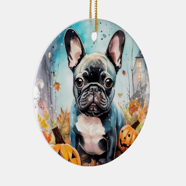 Halloween French Bulldog With Pumpkins Scary Ceramic Ornament (Right)