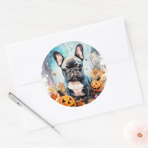 Halloween French Bulldog With Pumpkins Scary Classic Round Sticker