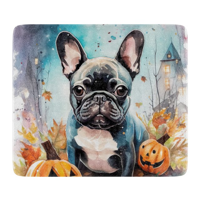 Halloween French Bulldog With Pumpkins Scary Cutting Board (Front)