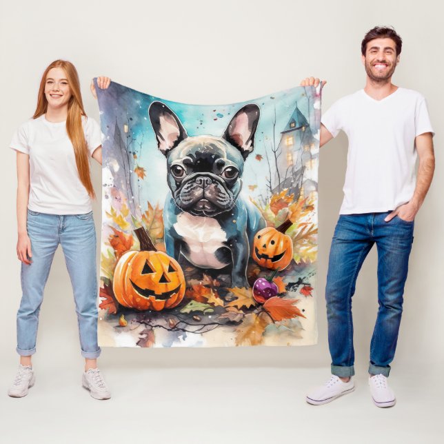 Halloween French Bulldog With Pumpkins Scary Fleece Blanket (In Situ)