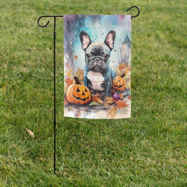 Halloween French Bulldog With Pumpkins Scary Garden Flag (In SItu)