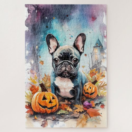 Halloween French Bulldog With Pumpkins Scary Jigsaw Puzzle