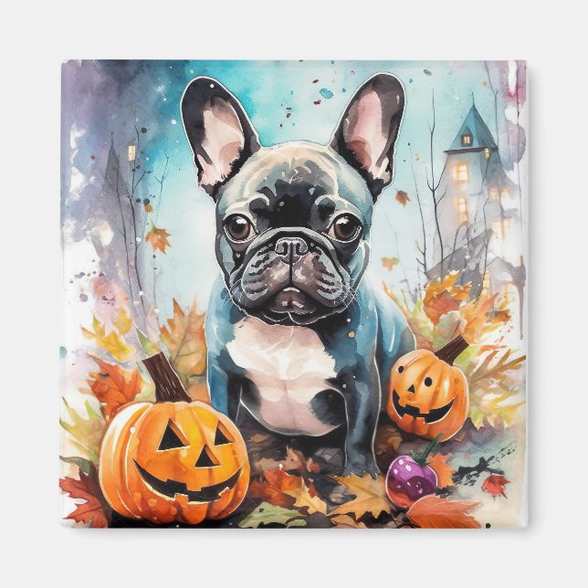 Halloween French Bulldog With Pumpkins Scary Magnet (Front)
