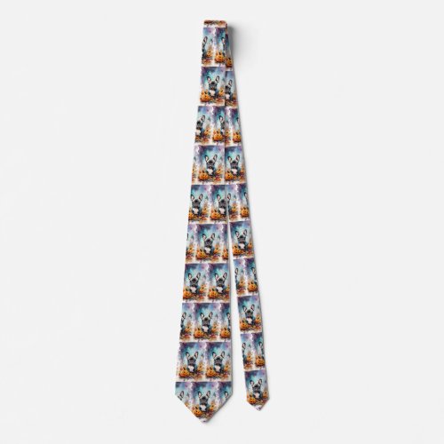 Halloween French Bulldog With Pumpkins Scary Neck Tie