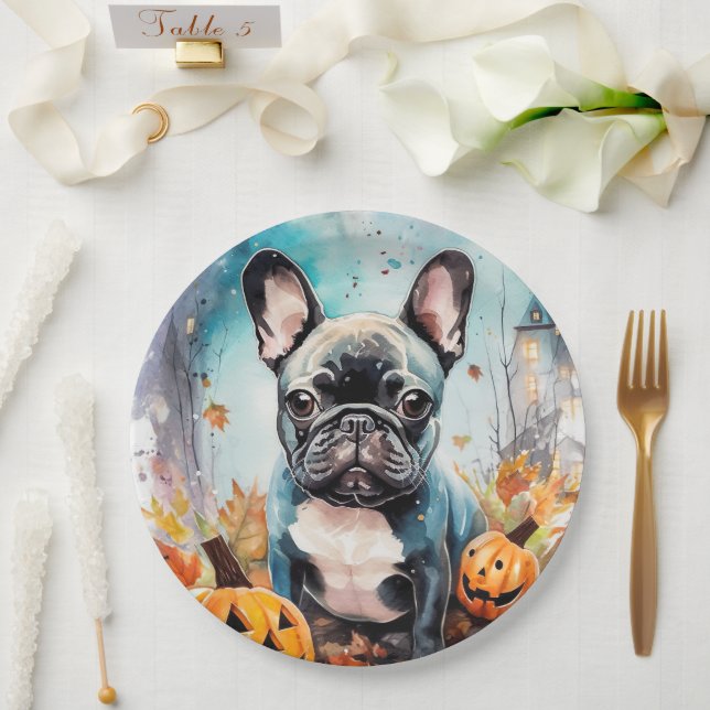 Halloween French Bulldog With Pumpkins Scary Paper Plates (Wedding)